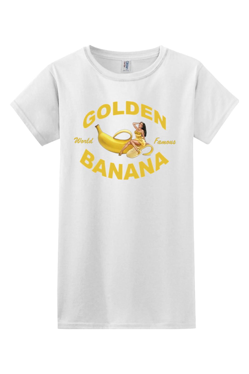 White 100% cotton women's t-shirt featuring a Golden Banana graphic with a pin-up style woman in yellow.