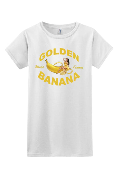 White 100% cotton women's t-shirt featuring a Golden Banana graphic with a pin-up style woman in yellow.