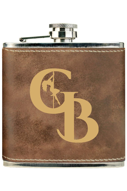 Brown leatherette stainless steel flask featuring a gold engraved GB logo with a pole dancer silhouette.