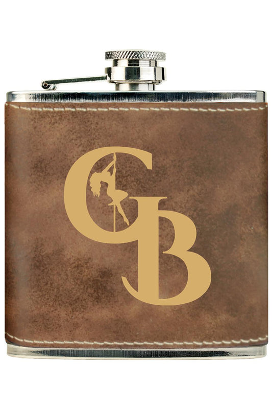 Brown leatherette stainless steel flask featuring a gold engraved GB logo with a pole dancer silhouette.