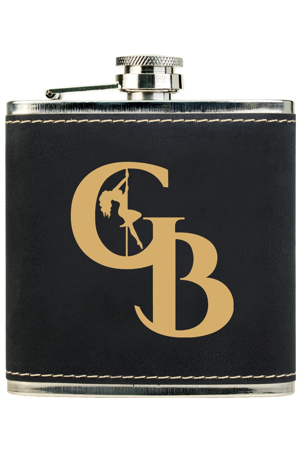 Black leatherette stainless steel flask with a gold engraved Golden Banana logo and pole dancer design.