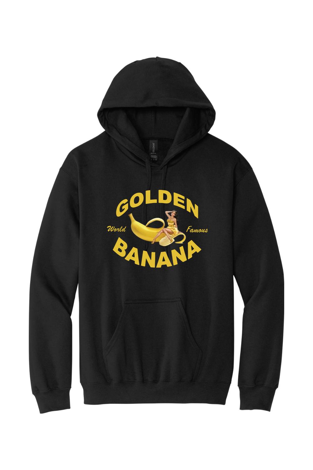 Black unisex hoodie featuring a Golden Banana pin-up logo graphic in yellow on the chest with a front kangaroo pocket.