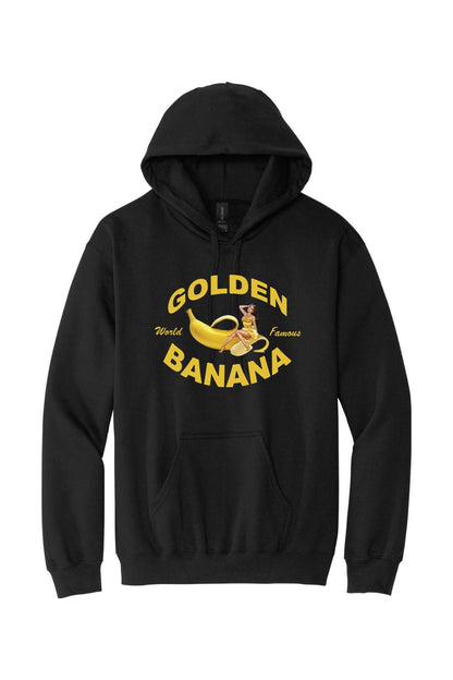 Black unisex hoodie featuring a Golden Banana pin-up logo graphic in yellow on the chest with a front kangaroo pocket.