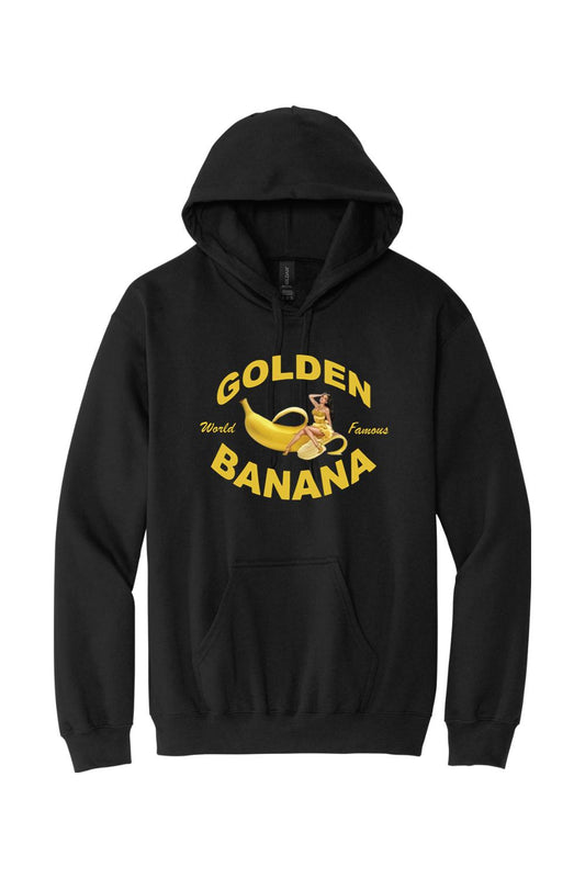 Black unisex hoodie featuring a Golden Banana pin-up logo graphic in yellow on the chest with a front kangaroo pocket.
