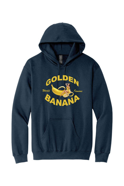 Navy blue hooded sweatshirt featuring a yellow Golden Banana pin-up logo graphic on the chest.