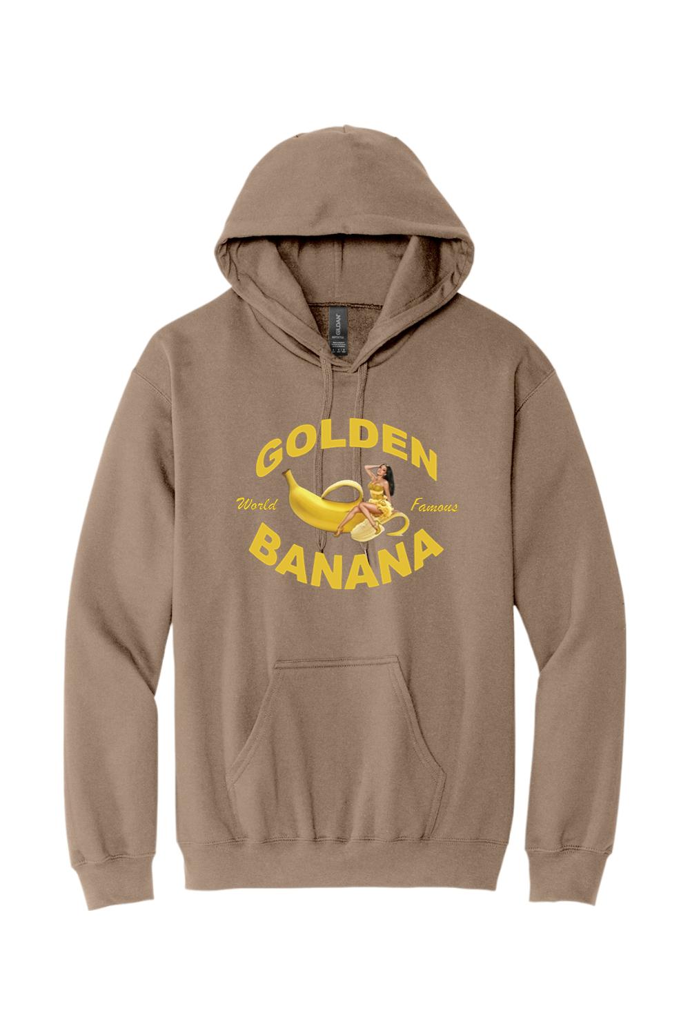 Brown unisex hoodie featuring a Golden Banana pin-up logo graphic in yellow on the chest with a front kangaroo pocket.
