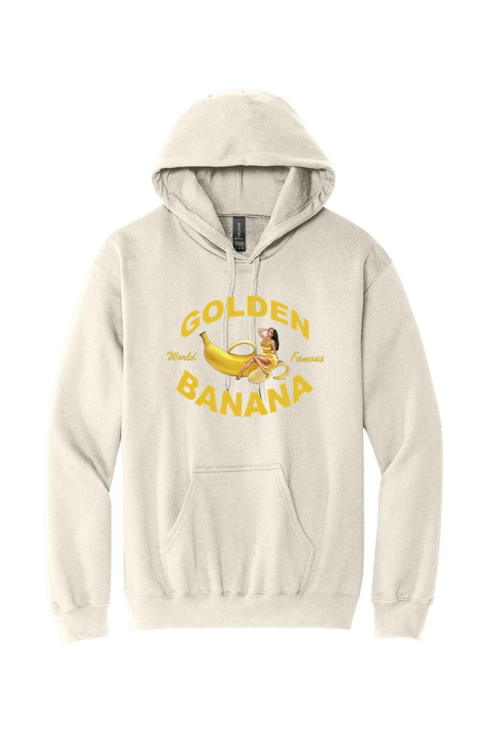 Sand-colored unisex hoodie featuring a yellow Golden Banana pin-up logo graphic on the chest with a front pouch pocket.