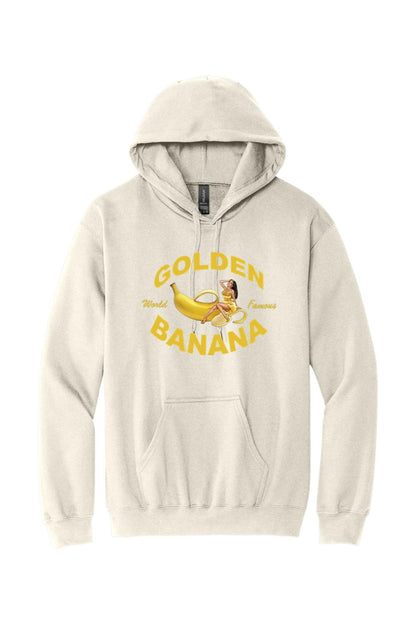 Sand-colored unisex hoodie featuring a yellow Golden Banana pin-up logo graphic on the chest with a front pouch pocket.