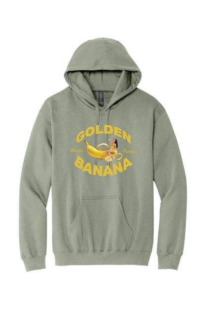 Sage green pullover hoodie with a Golden Banana pin-up logo graphic and front kangaroo pocket.