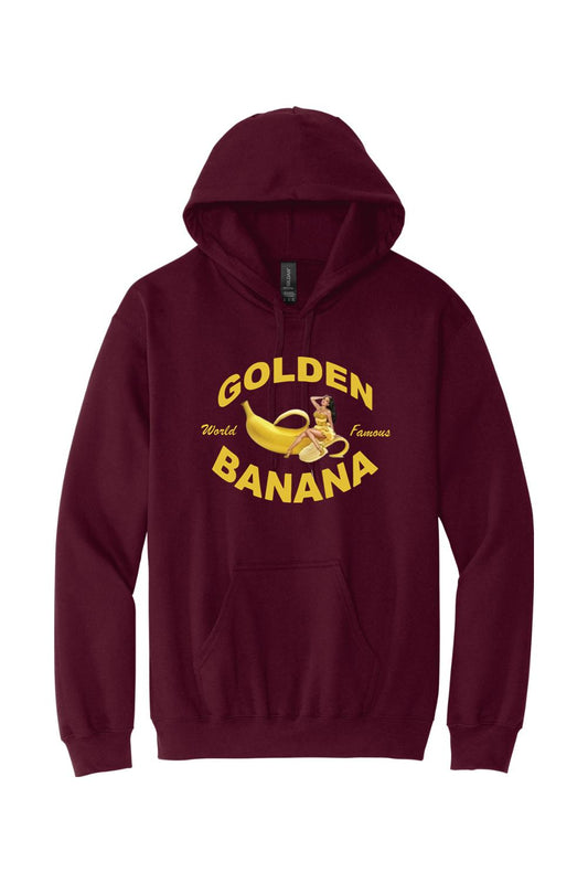 Maroon pullover hoodie featuring a Golden Banana pin-up logo graphic in yellow on the chest with a front kangaroo pocket.