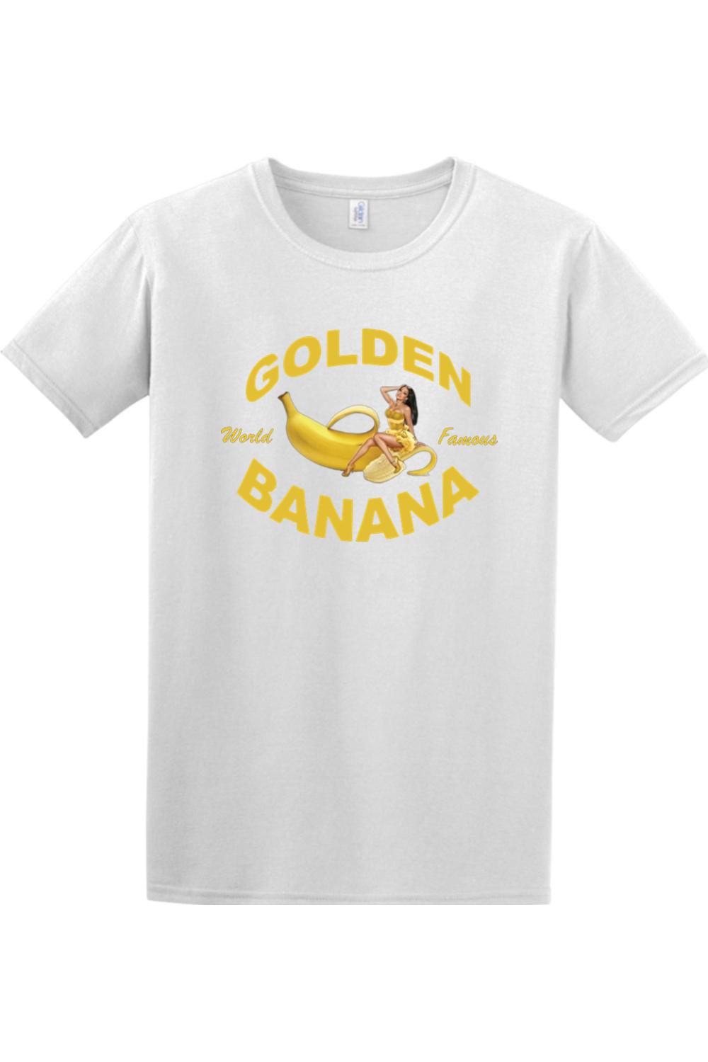 White cotton crewneck t-shirt featuring a Golden Banana graphic with a pin-up girl illustration.