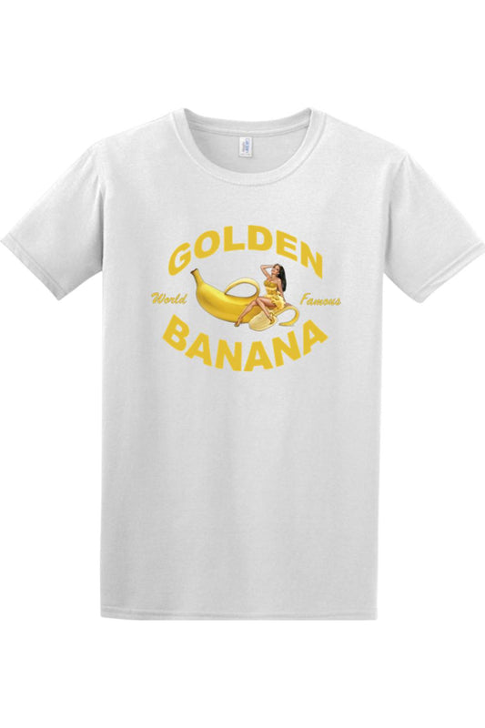 White cotton crewneck t-shirt featuring a Golden Banana graphic with a pin-up girl illustration.
