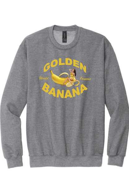 Grey crew neck sweatshirt featuring a Golden Banana graphic with a pin-up style woman and yellow text.