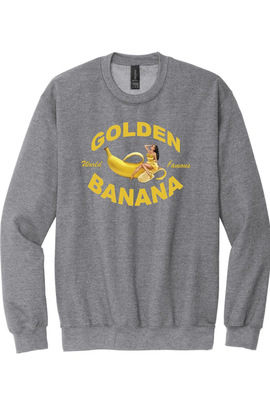 Grey crew neck sweatshirt featuring a Golden Banana graphic with a pin-up style woman and yellow text.