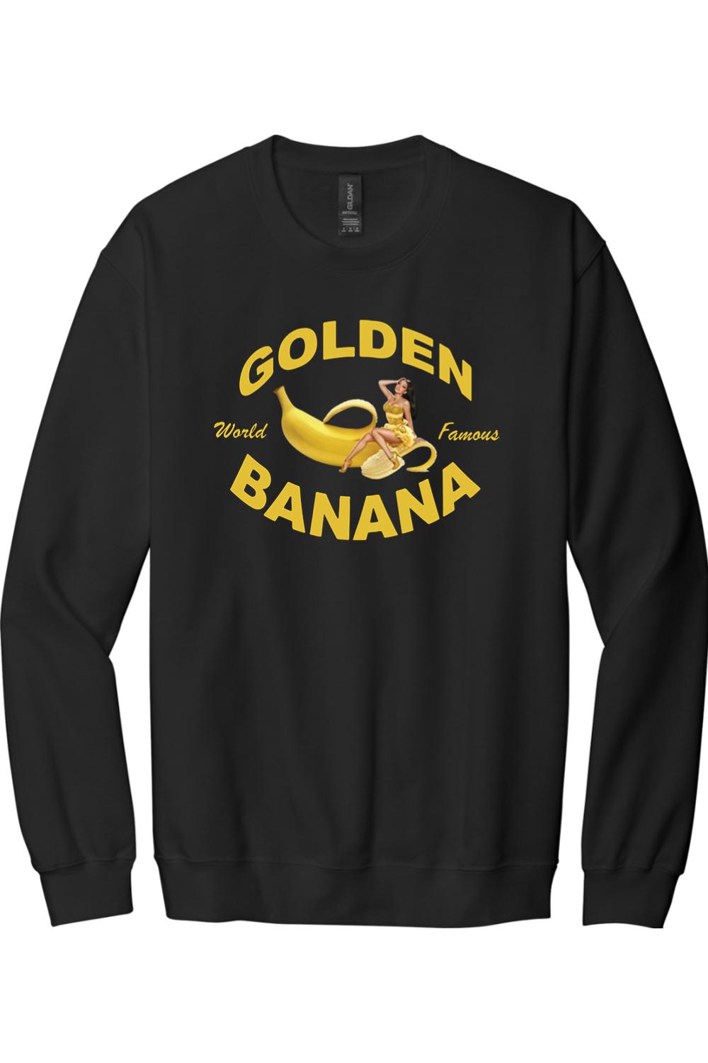 Black crew neck sweatshirt featuring a Golden Banana graphic with a pin-up style woman and yellow text.