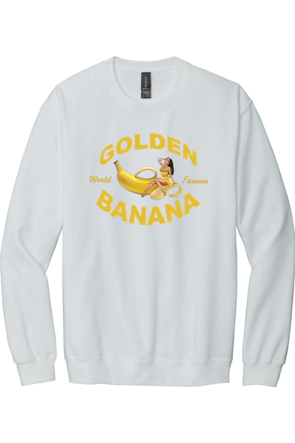 White crew neck sweatshirt featuring a Golden Banana graphic with a pin-up girl illustration and yellow text.
