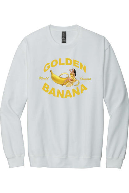 White crew neck sweatshirt featuring a Golden Banana graphic with a pin-up girl illustration and yellow text.