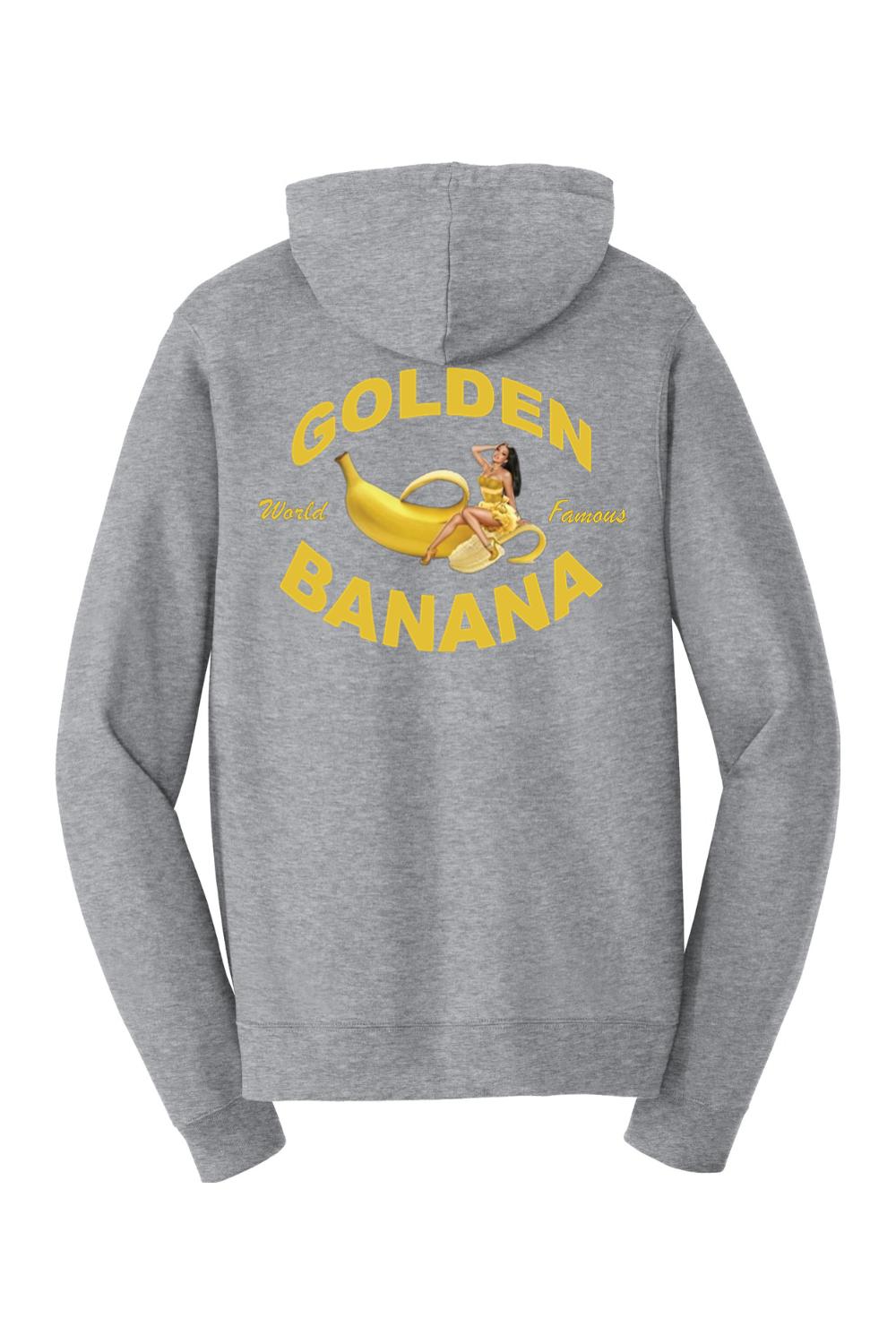 Grey full-zip hooded sweatshirt featuring a Golden Banana graphic with a pin-up girl on the back.