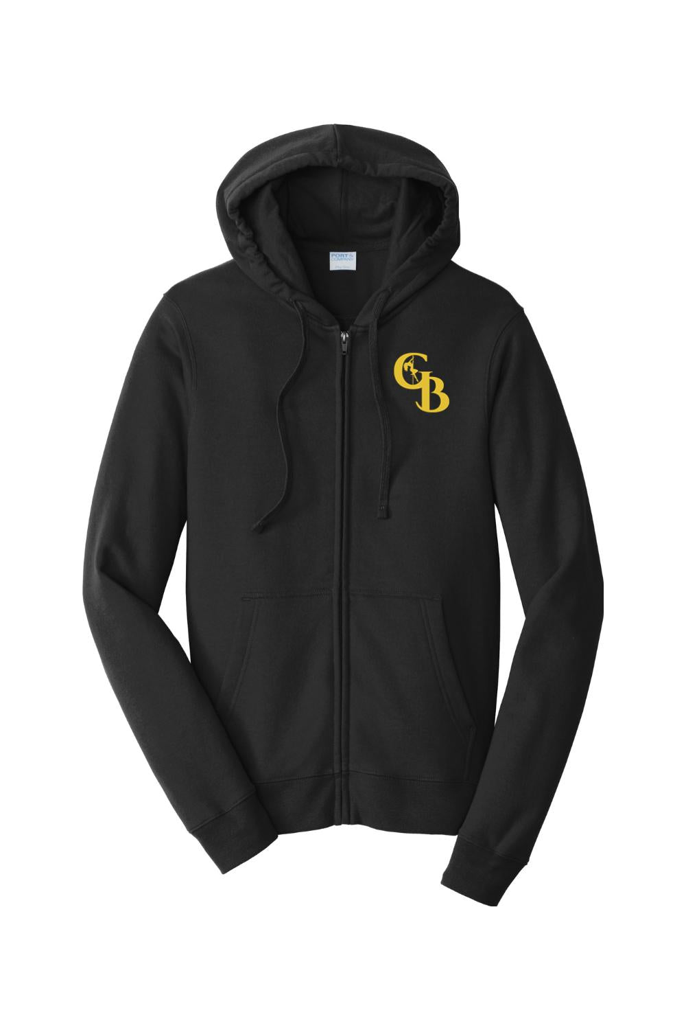 Black full-zip hooded sweatshirt featuring a yellow Golden Banana logo on the left chest and a front pouch pocket.