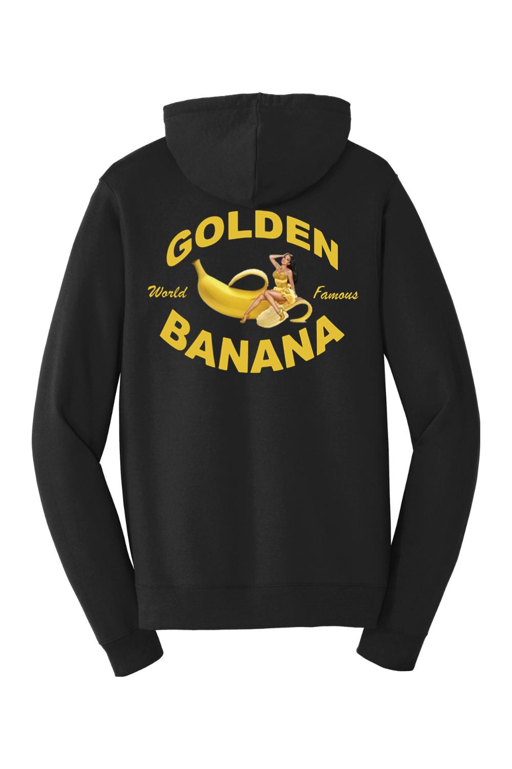 Black full-zip hooded sweatshirt featuring a Golden Banana graphic with a pin-up girl on the back.