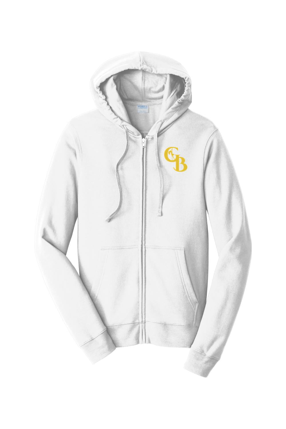 White full-zip hooded sweatshirt with a yellow Golden Banana logo on the chest and front pockets.