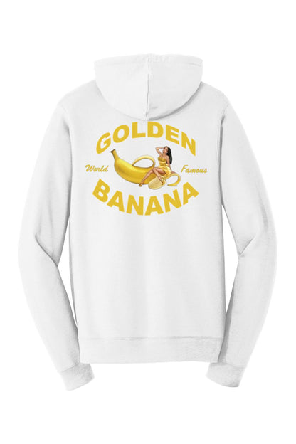 White full-zip hooded sweatshirt featuring a Golden Banana graphic with a pin-up girl on the back.
