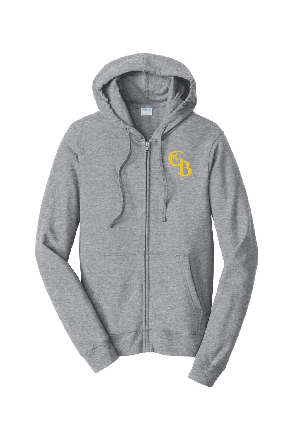 Grey full-zip hooded sweatshirt featuring a yellow Golden Banana logo on the chest, made from soft cotton blend fabric.