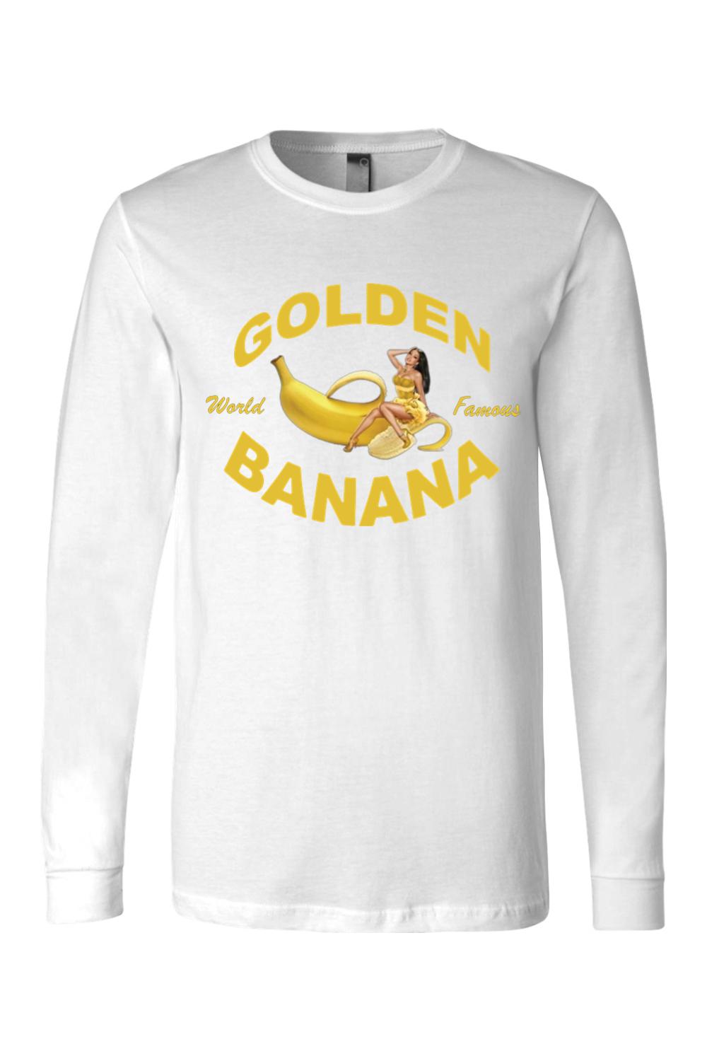 White long-sleeve jersey tee featuring a Golden Banana graphic with a woman sitting on a banana in yellow text.