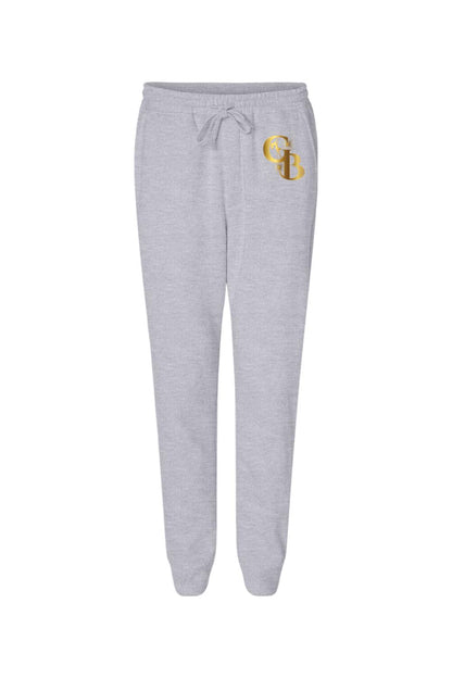 Light grey midweight cotton joggers with a metallic gold Golden Banana logo and an adjustable drawstring waistband.