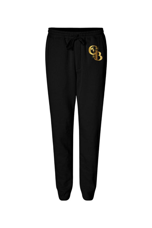 Black midweight cotton joggers with an elastic drawstring waist and a metallic gold Golden Banana logo on the hip.