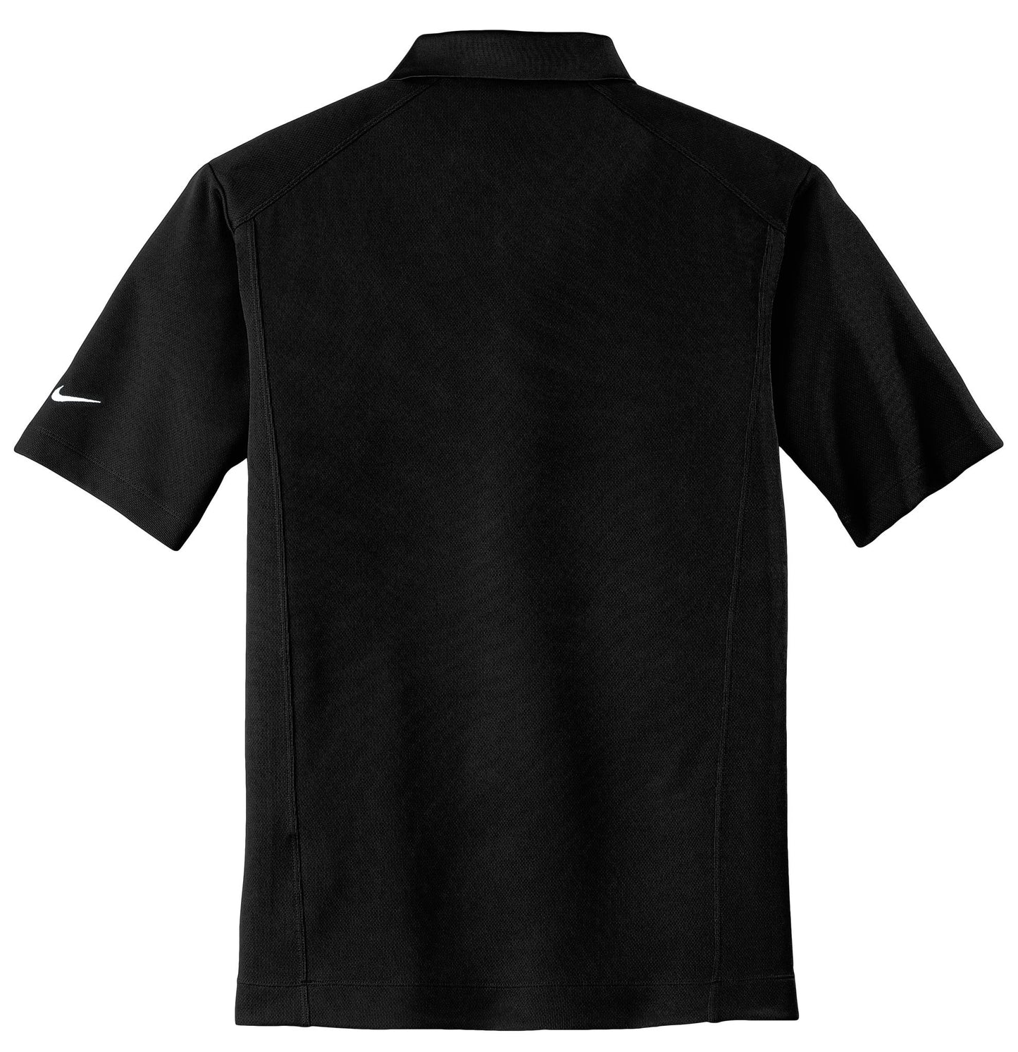 Back view of a black Nike Dri-FIT polo shirt with shoulder panels and a white Swoosh logo on the left sleeve.