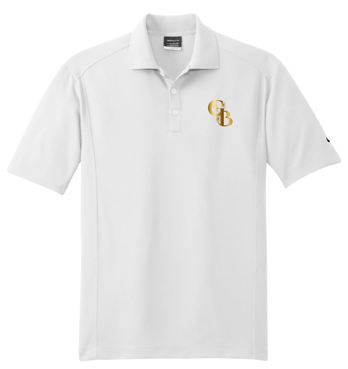 White Nike Dri-FIT polo with a flat knit collar, three-button placket, and a gold Golden Banana logo on the chest.