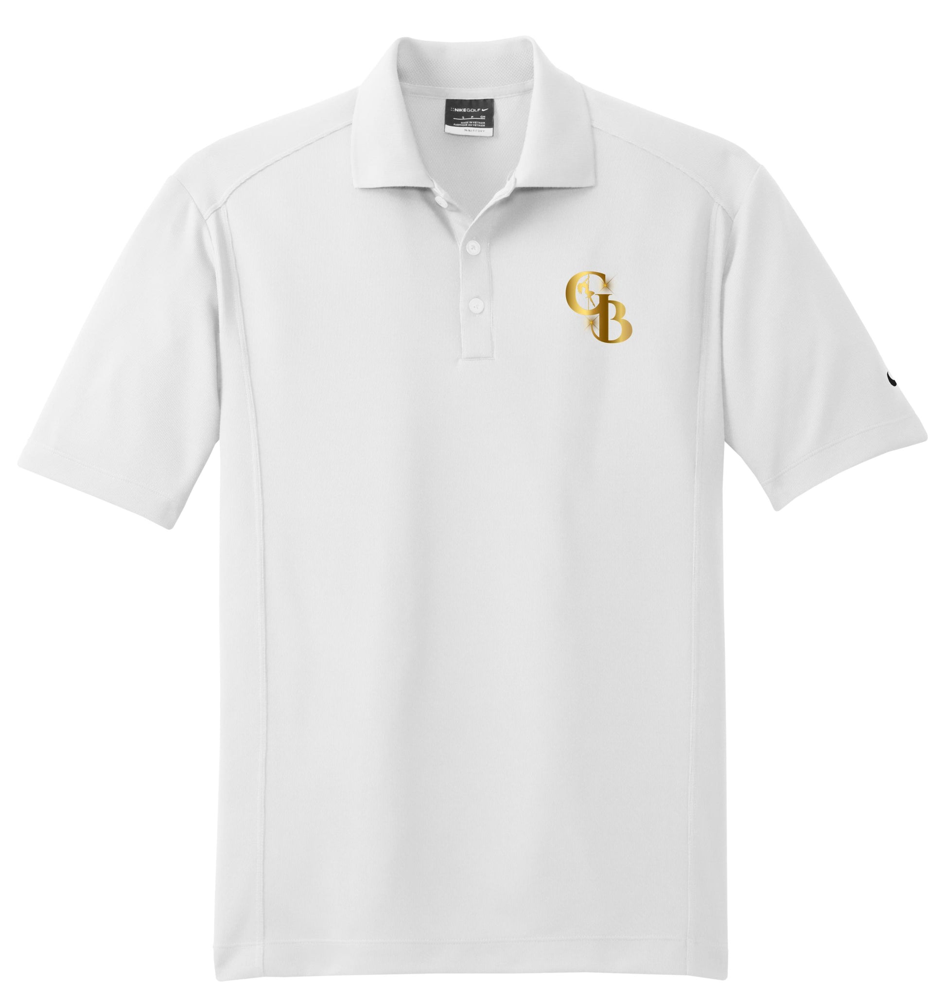 White Nike Dri-FIT polo with a flat knit collar, three-button placket, and a gold Golden Banana logo on the chest.