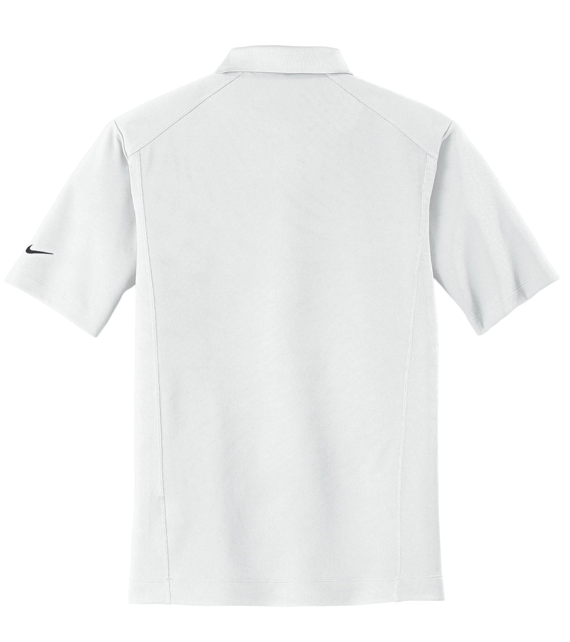 Back view of a white Nike Dri-FIT polo shirt with shoulder panels and a contrast Swoosh logo on the left sleeve.