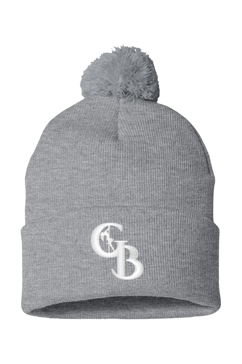 Grey knit beanie with a pom-pom top and white embroidered GB logo on the folded cuff.