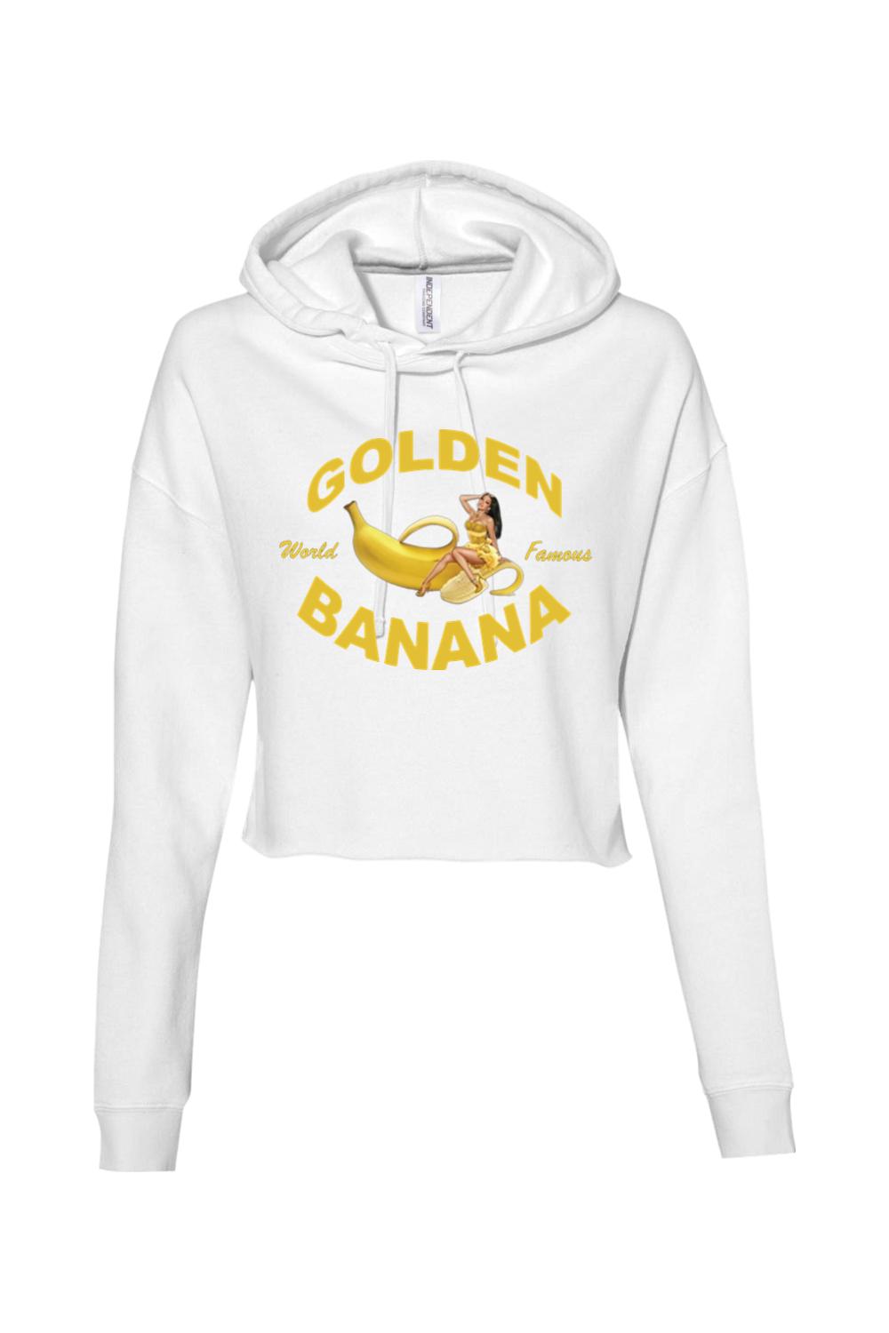White cropped hooded sweatshirt featuring a yellow Golden Banana graphic with a pin-up girl design.