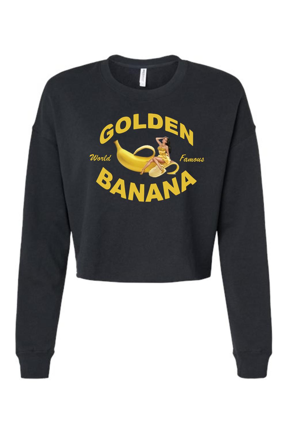 Black cotton cropped sweatshirt featuring a yellow Golden Banana graphic with a pin-up girl illustration.