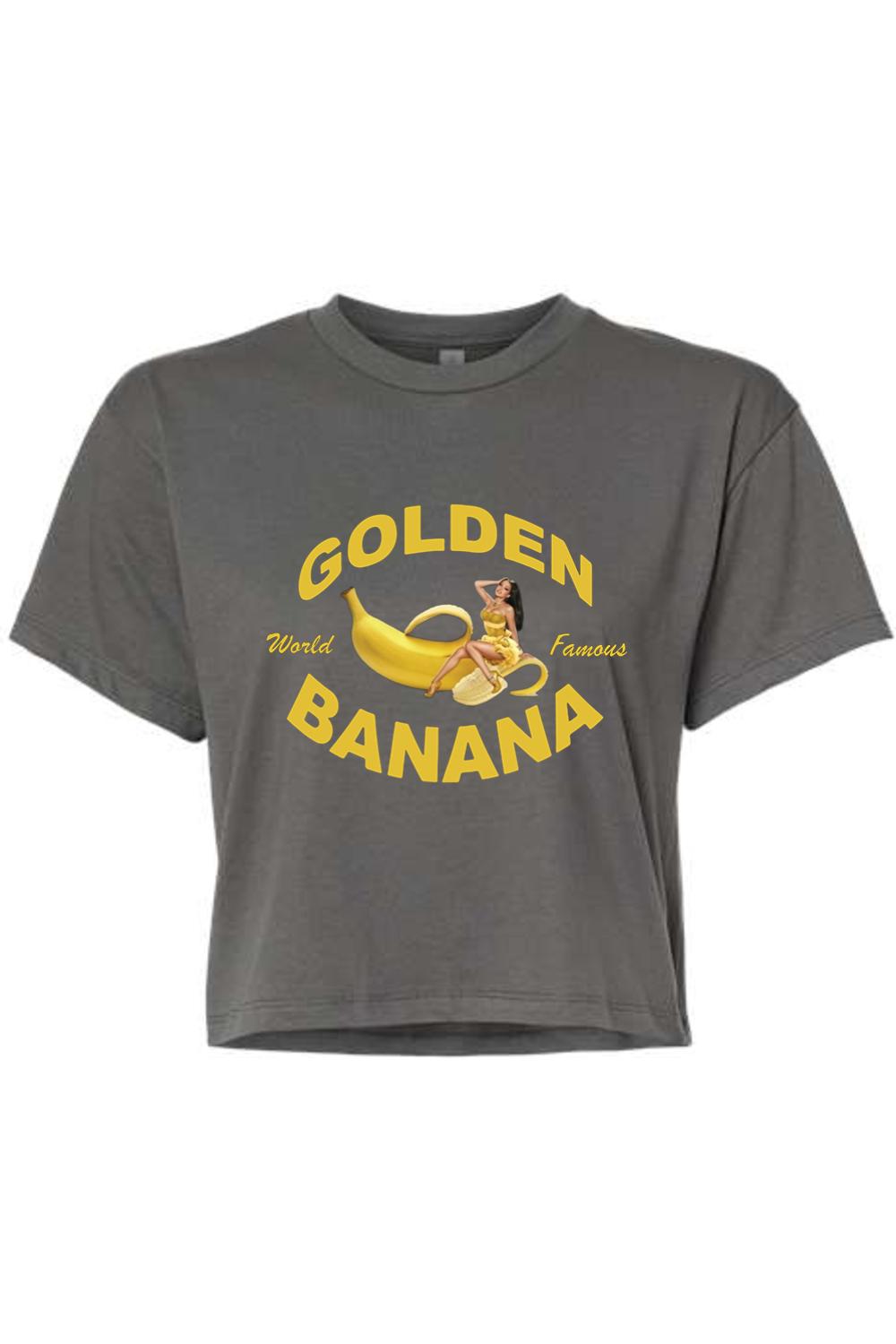 Charcoal grey cotton cropped tee featuring a Golden Banana graphic with a pin-up girl illustration and yellow text.