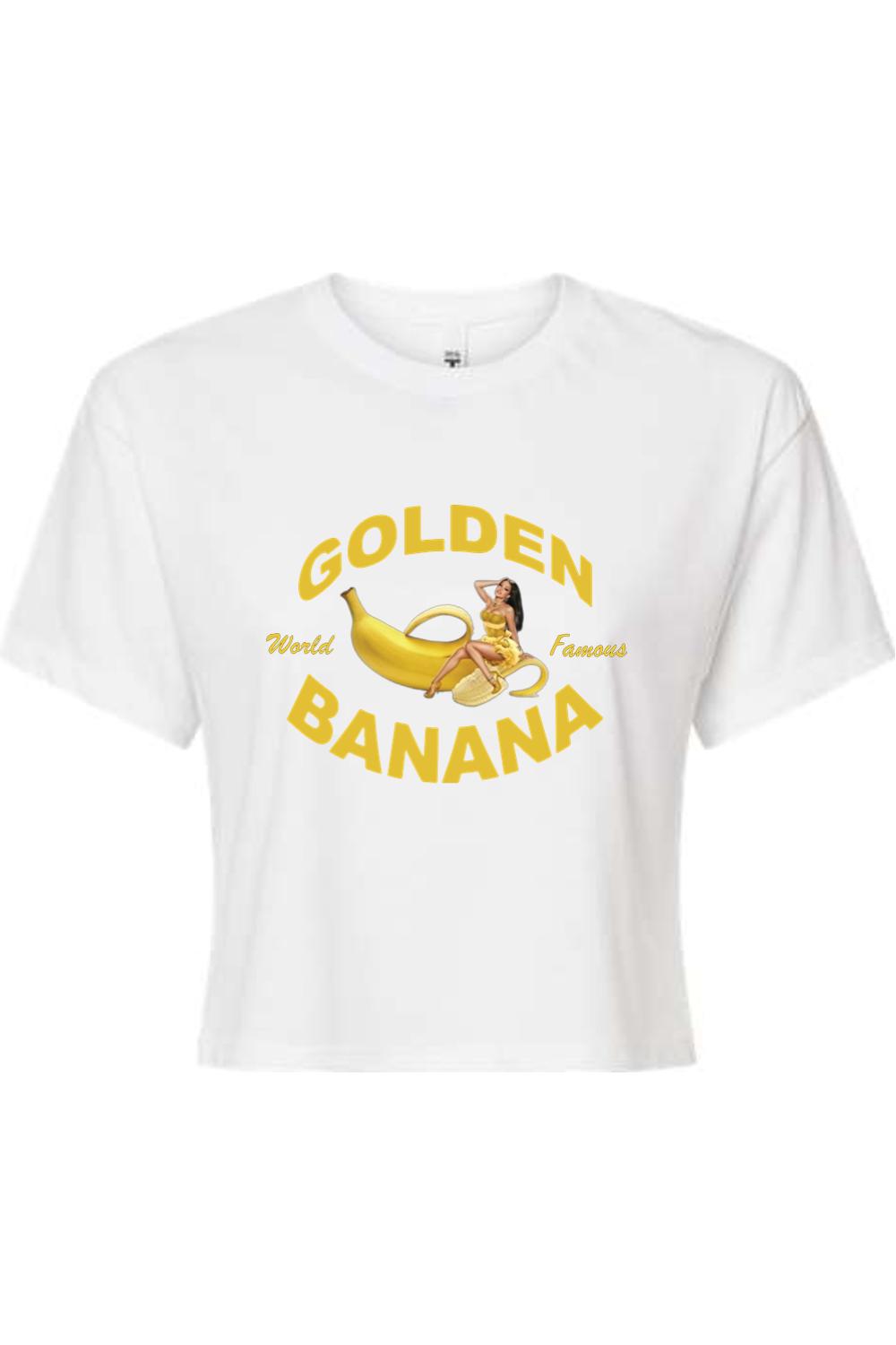 White cotton cropped tee featuring a Golden Banana graphic with a pin-up style woman and yellow text.