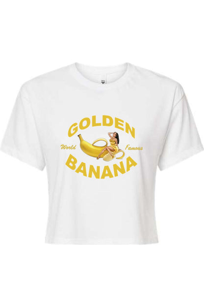 White cotton cropped tee featuring a Golden Banana graphic with a pin-up style woman and yellow text.