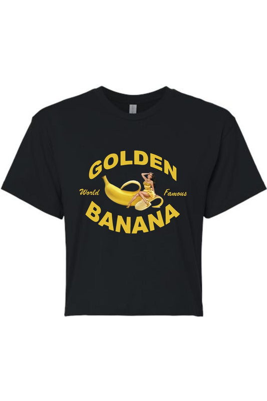 Black cotton cropped tee featuring a Golden Banana graphic with a pin-up girl illustration and yellow text.