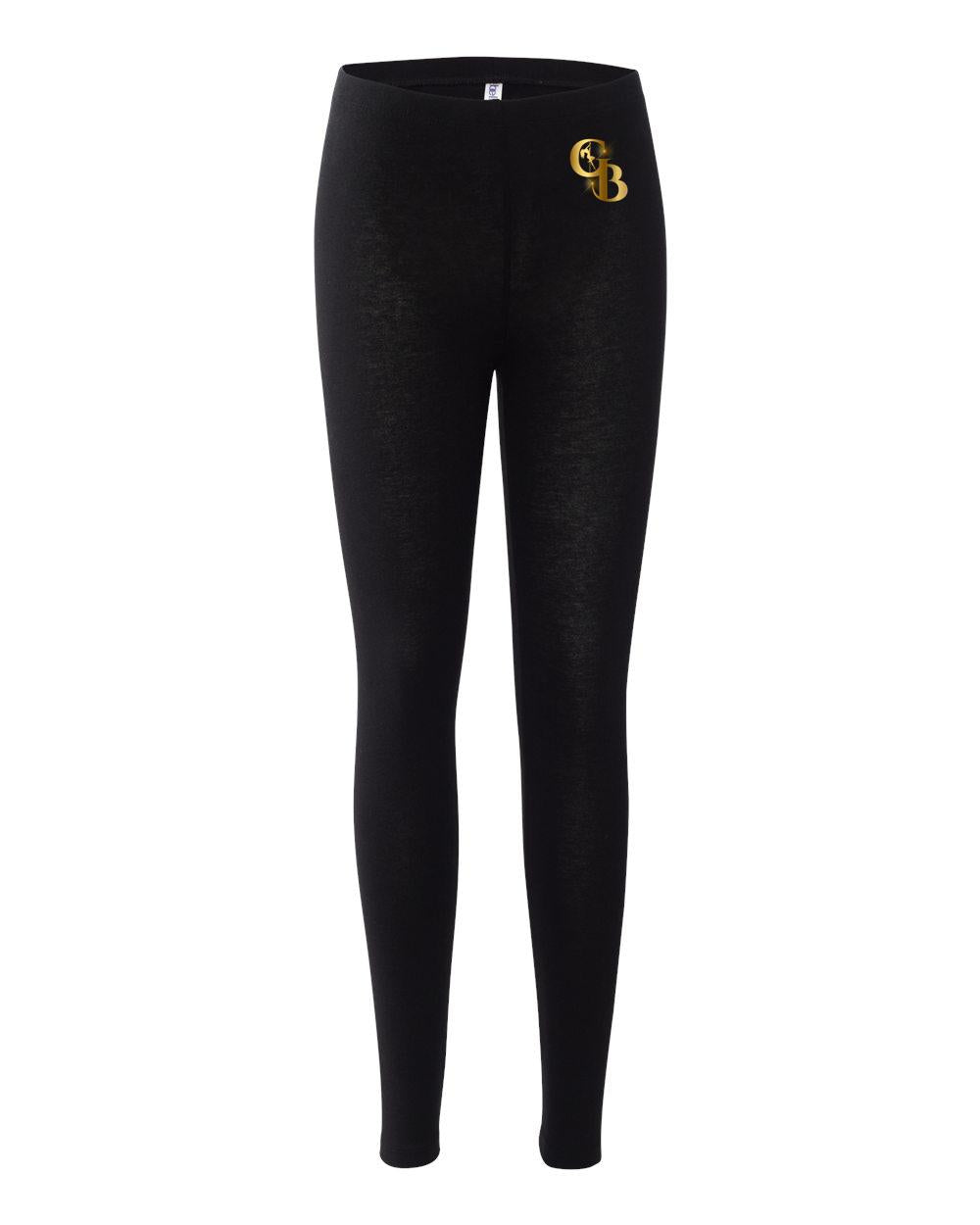 Black form-fitting cotton-spandex leggings with a gold Golden Banana logo on the left hip and elastic waistband.