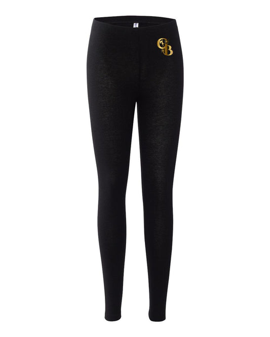 Black form-fitting cotton-spandex leggings with a gold Golden Banana logo on the left hip and elastic waistband.