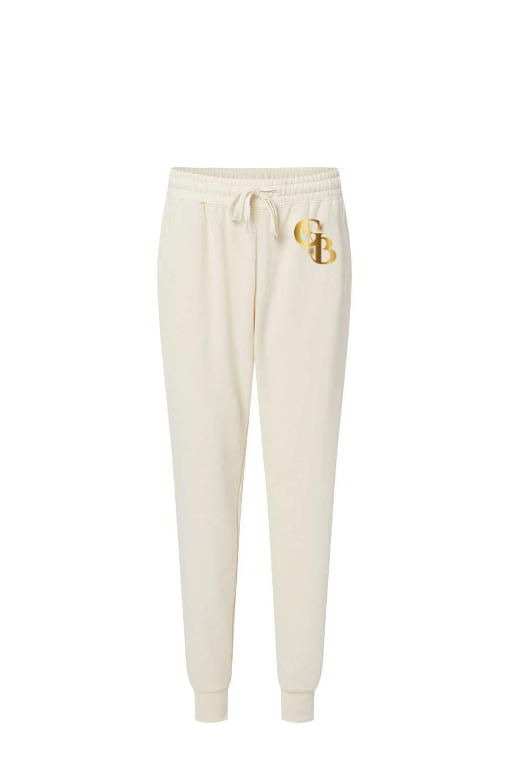 Cream-colored women's fleece sweatpants with a drawstring waist and a metallic gold GB logo on the left hip.
