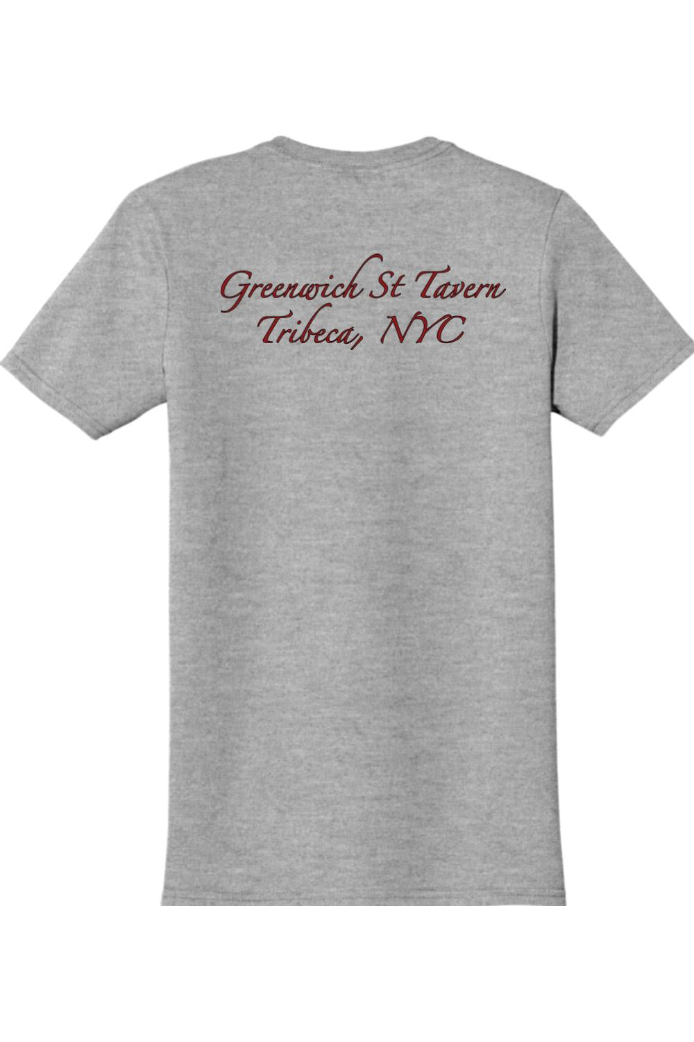 Sport grey cotton-blend t-shirt featuring Greenwich St Tavern Tribeca, NYC text in dark red script on the back.