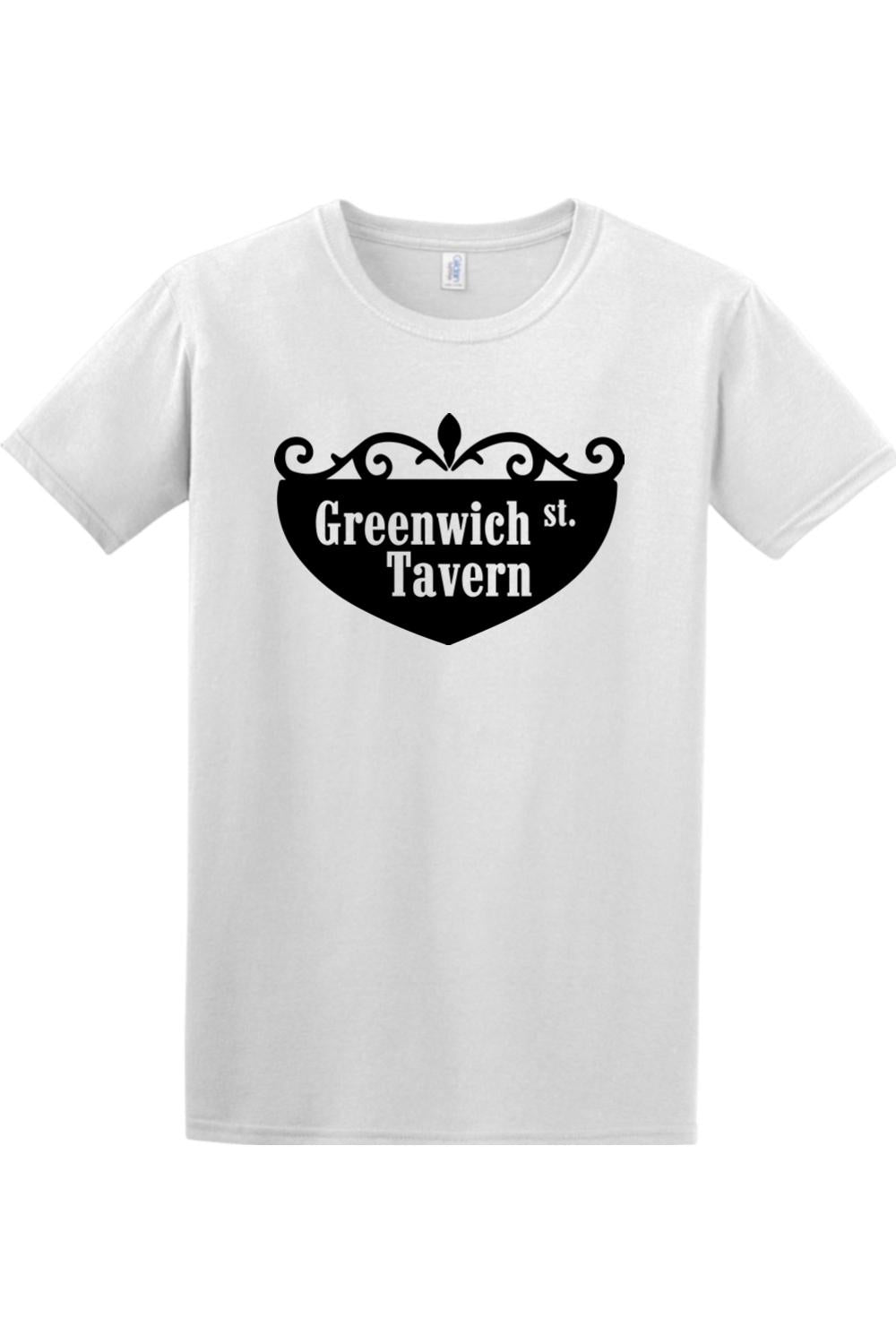 White cotton crewneck t-shirt featuring a black Greenwich St. Tavern crest graphic on the chest.
