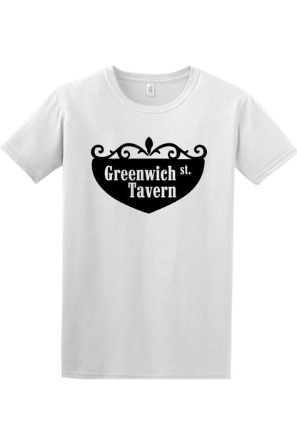 White cotton crewneck t-shirt featuring a black Greenwich St. Tavern crest graphic on the chest.