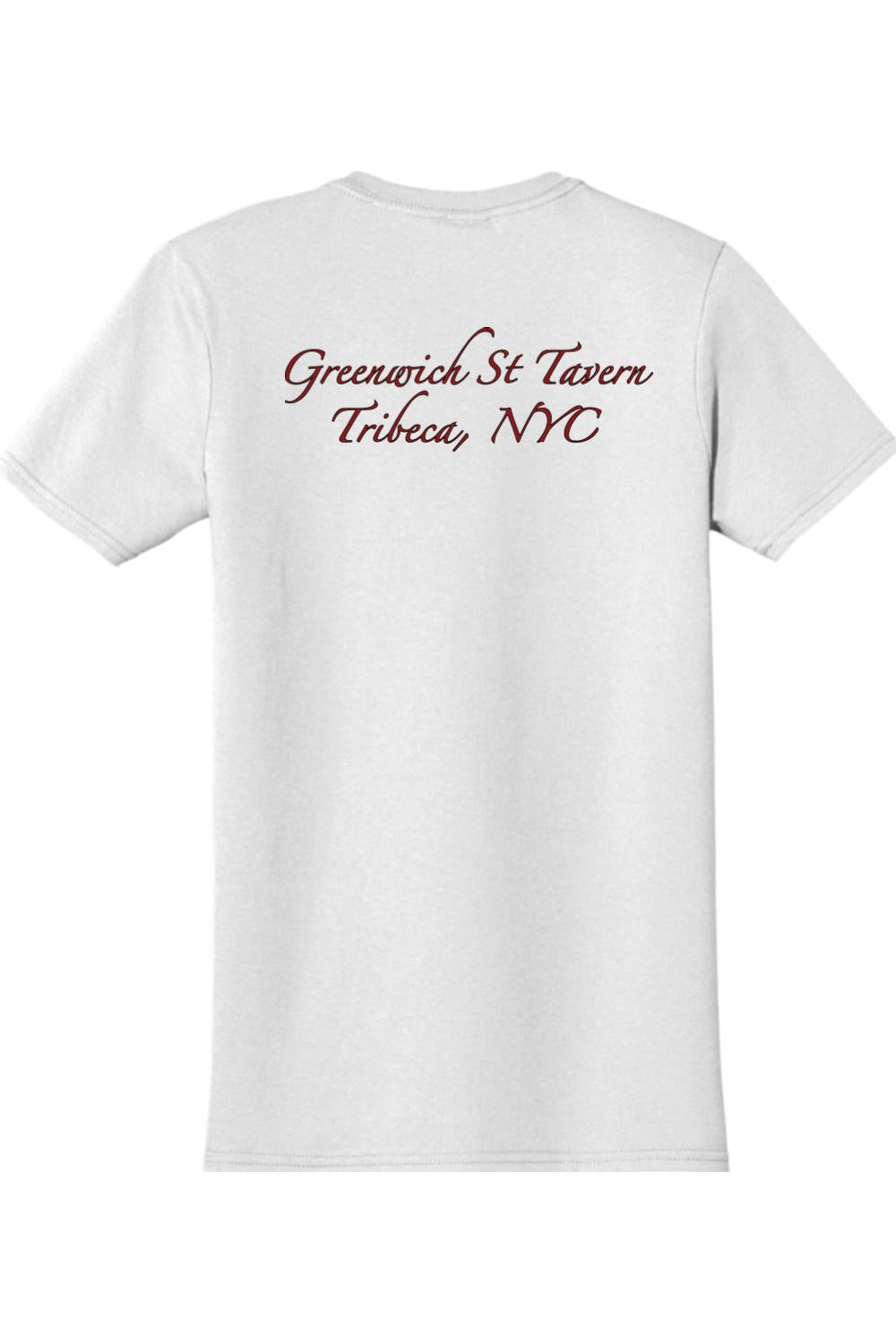 White cotton t-shirt featuring the Greenwich St Tavern Tribeca, NYC logo in dark red script on the back.