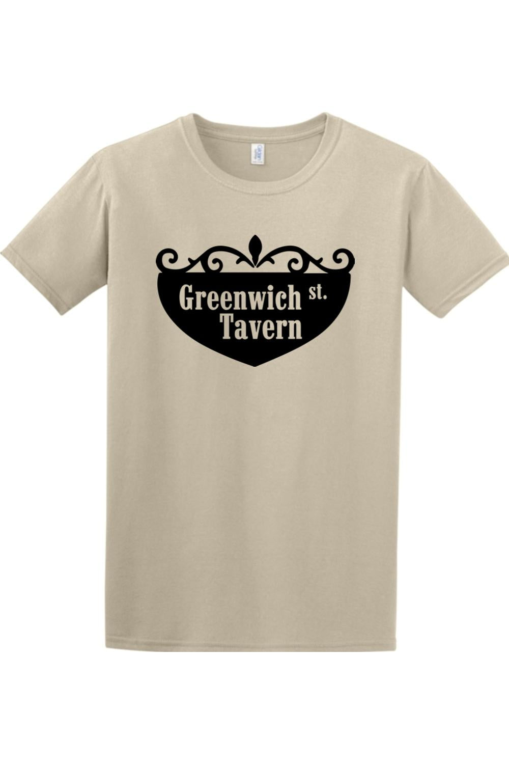 Beige cotton crewneck t-shirt featuring a black Greenwich St. Tavern crest graphic on the chest.