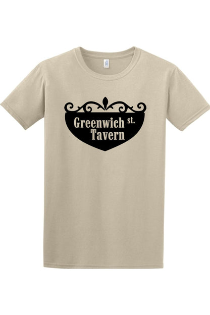 Beige cotton crewneck t-shirt featuring a black Greenwich St. Tavern crest graphic on the chest.